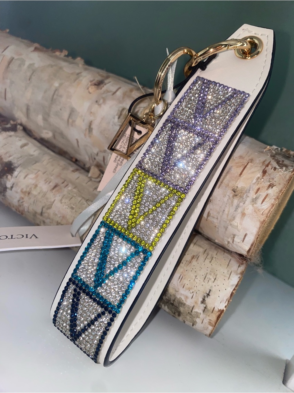Victoria's Secret Keychain Wristlet with Multicolor Crystal V Blocks